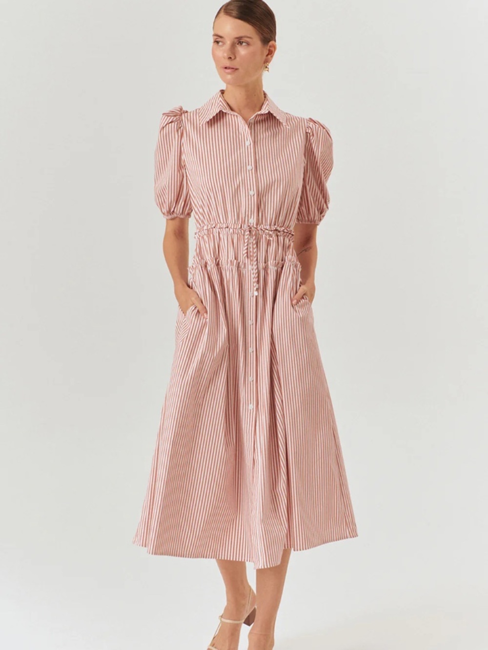 NWT Exquise Legacy Midi Dress Pink Salmon Stripe Balloon Sleeve Size 4 Org $285